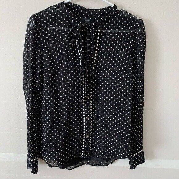 JCrew Black & White Polka Dot Button Up Silk Neck Tie Sheer Blouse Womens Size 2 - Picture 1 of 7